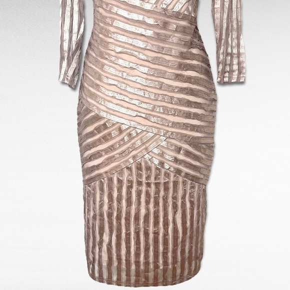 REISS Rebecca Bodycon Sheath Dress Mink Metallic Stripe 8 Evening Wear New Years - Picture 4 of 10